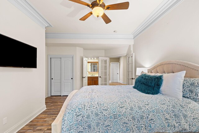 5753 Aster Way, Galena, OH 43021 - bedroom with ornamental molding, wood finished floors, baseboards, french doors, and ceiling fan