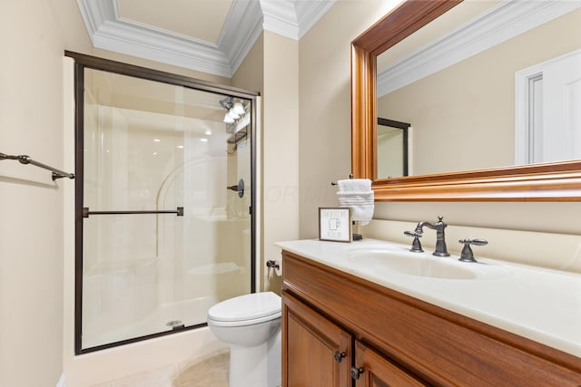 5753 Aster Way, Galena, OH 43021 - bathroom with ornamental molding, toilet, a stall shower, vanity, and tile patterned floors