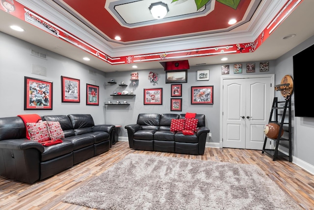 5753 Aster Way, Galena, OH 43021 - living area featuring crown molding, a tray ceiling, wood finished floors, recessed lighting, and baseboards