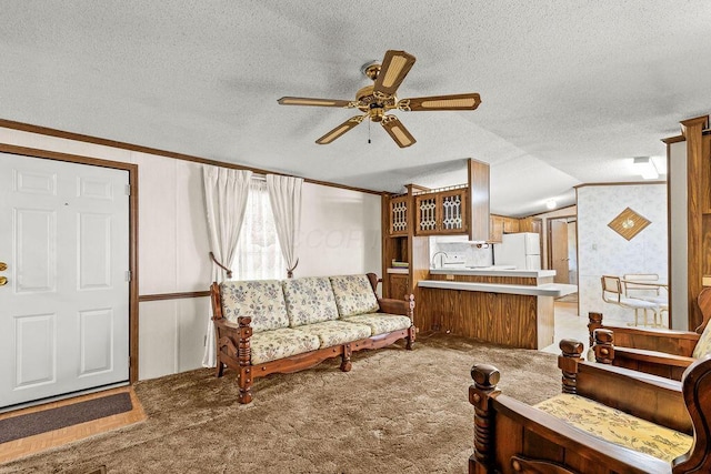 8764 National Rd SW Unit 118, Etna, OH 43062 - living room with a ceiling fan, carpet floors, crown molding, a textured ceiling, and vaulted ceiling