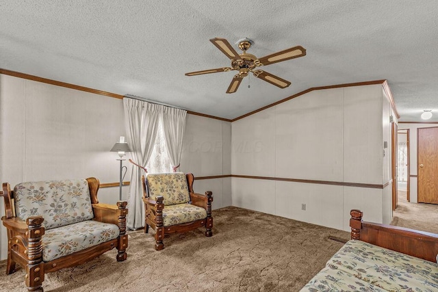 8764 National Rd SW Unit 118, Etna, OH 43062 - sitting room featuring carpet, a ceiling fan, crown molding, vaulted ceiling, and a textured ceiling