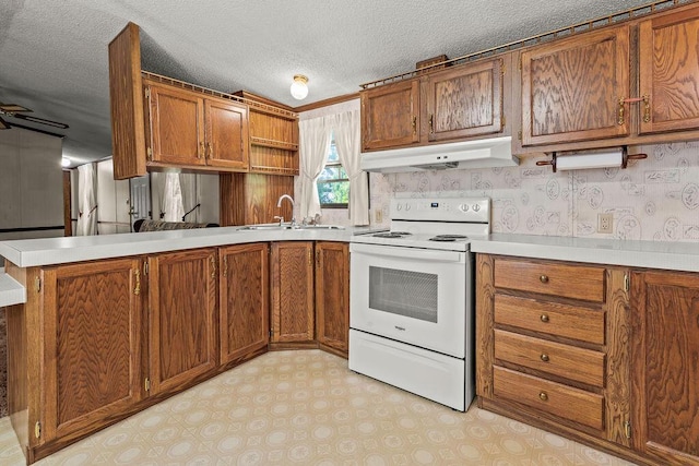 8764 National Rd SW Unit 118, Etna, OH 43062 - kitchen featuring white range with electric cooktop, under cabinet range hood, a sink, brown cabinets, and a textured ceiling