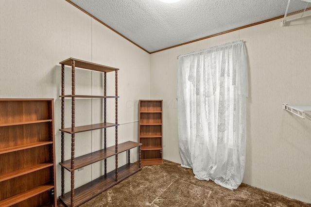 8764 National Rd SW Unit 118, Etna, OH 43062 - carpeted empty room with crown molding, a textured ceiling, and vaulted ceiling