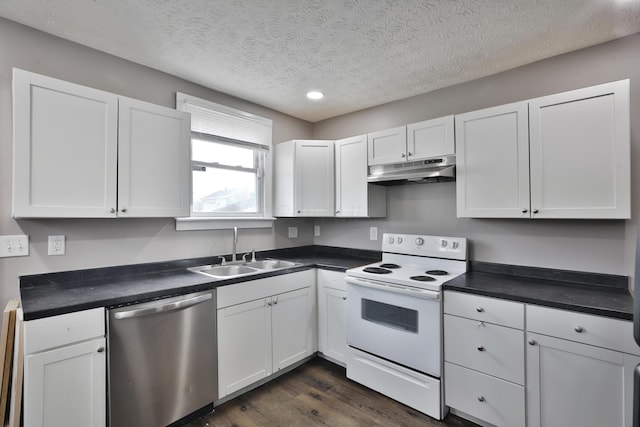 212-214 S Eureka Ave, Columbus, OH 43204 - kitchen featuring dishwasher, white range with electric cooktop, under cabinet range hood, a sink, and dark countertops