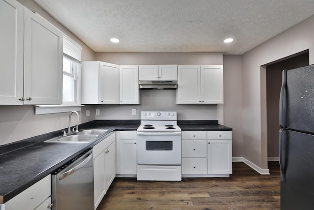 212-214 S Eureka Ave, Columbus, OH 43204 - kitchen featuring white range with electric stovetop, freestanding refrigerator, a sink, stainless steel dishwasher, and under cabinet range hood