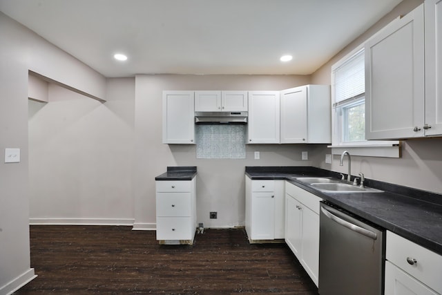 212-214 S Eureka Ave, Columbus, OH 43204 - kitchen with dishwasher, a sink, dark wood-style flooring, white cabinets, and dark countertops
