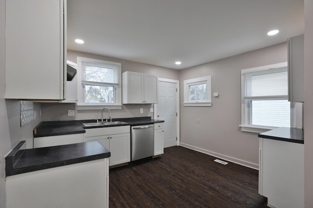 212-214 S Eureka Ave, Columbus, OH 43204 - kitchen with a sink, stainless steel dishwasher, dark countertops, dark wood-type flooring, and white cabinets