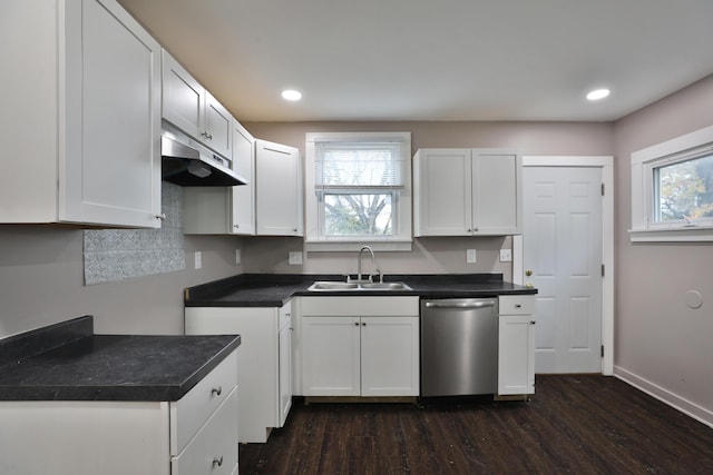 212-214 S Eureka Ave, Columbus, OH 43204 - kitchen with stainless steel dishwasher, a sink, under cabinet range hood, dark wood-type flooring, and healthy amount of natural light