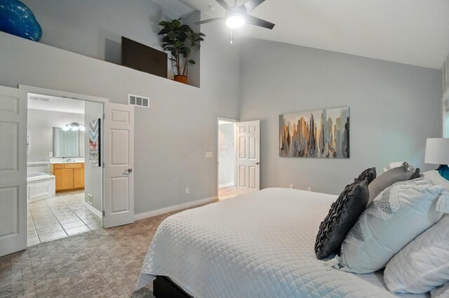8073 Tree Lake Blvd, Powell, OH 43065 - bedroom featuring high vaulted ceiling, light colored carpet, ensuite bathroom, and a ceiling fan
