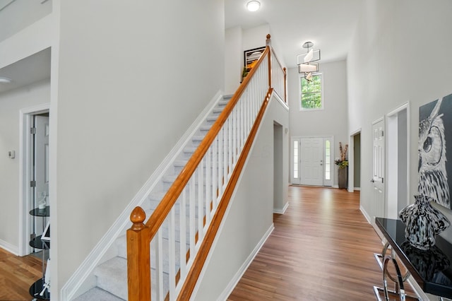 8073 Tree Lake Blvd, Powell, OH 43065 - foyer entrance featuring a high ceiling, stairway, and wood finished floors