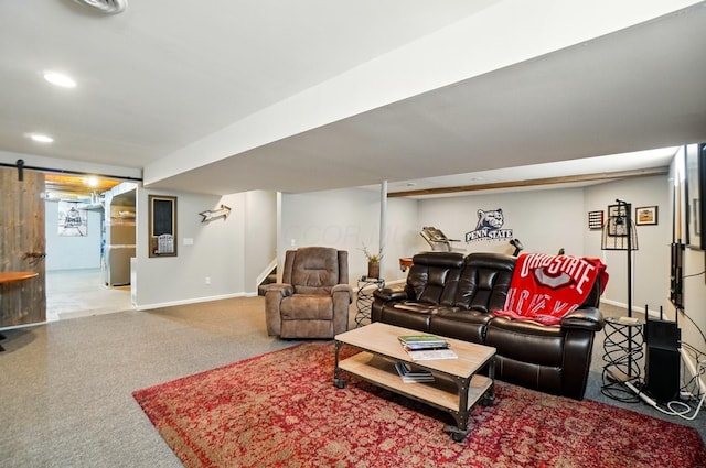 8073 Tree Lake Blvd, Powell, OH 43065 - living area featuring carpet floors, stairs, and recessed lighting