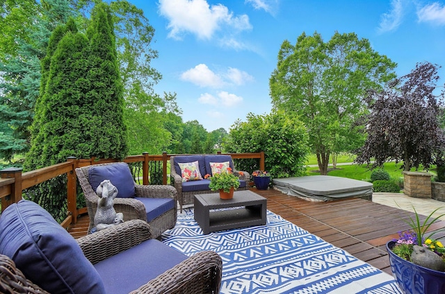 8073 Tree Lake Blvd, Powell, OH 43065 - deck featuring an outdoor living space and a covered hot tub