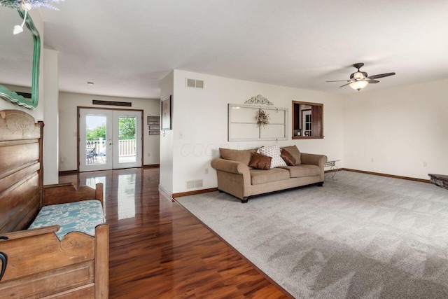 1875 Madden Higgins Rd, London, OH 43140 - living area featuring baseboards, french doors, a ceiling fan, and wood finished floors
