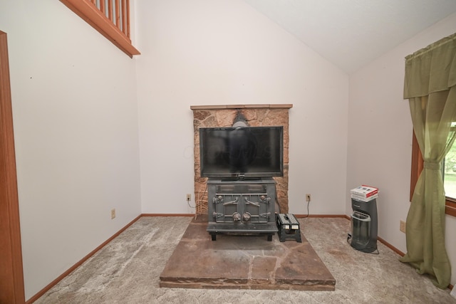 5467 Timpson Rd, Caledonia, OH 43314 - detailed view of carpet, baseboards, and a wood stove