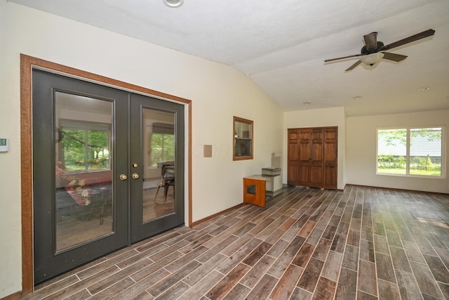 5467 Timpson Rd, Caledonia, OH 43314 - interior space featuring french doors, vaulted ceiling, baseboards, dark wood-style floors, and a ceiling fan