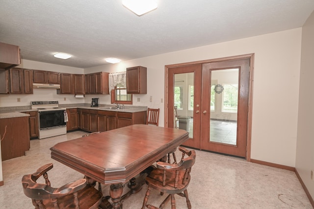 5467 Timpson Rd, Caledonia, OH 43314 - kitchen featuring electric stove, under cabinet range hood, a sink, plenty of natural light, and a textured ceiling