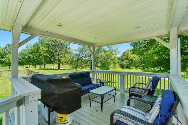 5350 Brook Rd NW, Lancaster, OH 43130 - wooden terrace with outdoor lounge area, view of wooded area, grilling area, and a lawn
