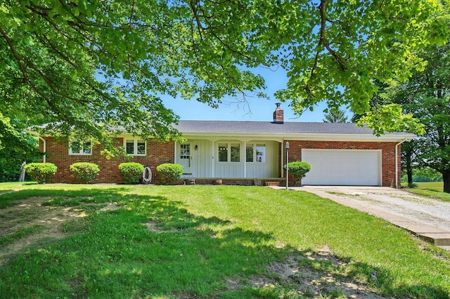 5350 Brook Rd NW, Lancaster, OH 43130 - ranch-style house with driveway, a chimney, a front yard, and an attached garage