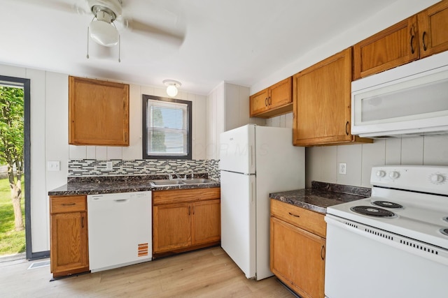 147 Schultz Ave, Columbus, OH 43222 - kitchen with white appliances, light wood-style flooring, brown cabinets, backsplash, and a ceiling fan
