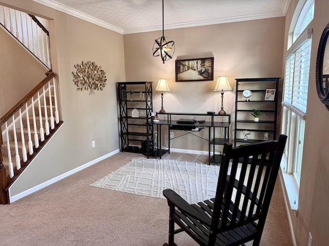 150 Shawnee Dr, Pickerington, OH 43147 - living area with carpet, baseboards, stairs, and crown molding