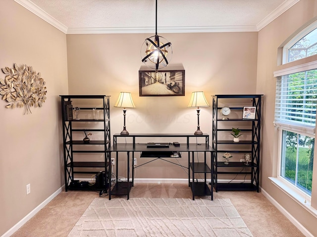 150 Shawnee Dr, Pickerington, OH 43147 - stairs with carpet floors, baseboards, ornamental molding, a chandelier, and a textured ceiling