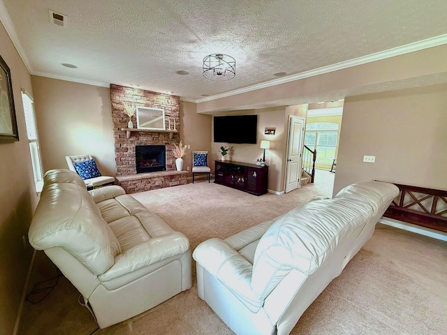 150 Shawnee Dr, Pickerington, OH 43147 - carpeted living room with ornamental molding, a textured ceiling, a fireplace, and baseboards