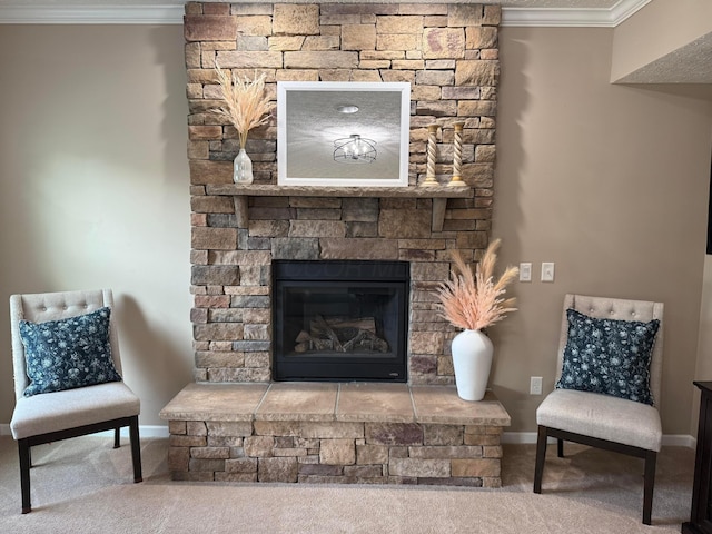 150 Shawnee Dr, Pickerington, OH 43147 - living area featuring carpet flooring, ornamental molding, a stone fireplace, and baseboards