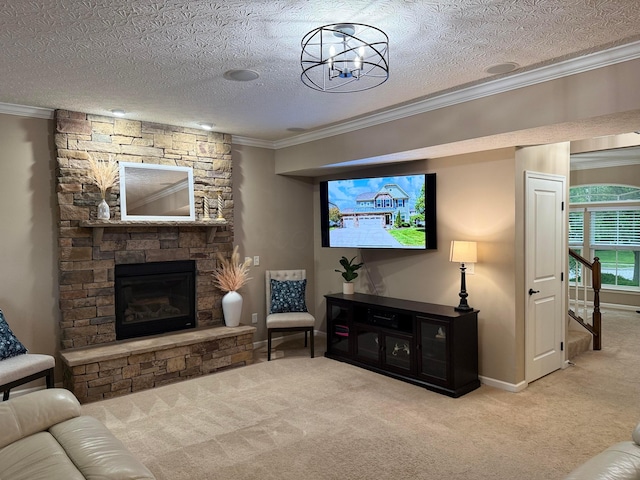 150 Shawnee Dr, Pickerington, OH 43147 - carpeted living room featuring ornamental molding, a fireplace, a textured ceiling, and baseboards