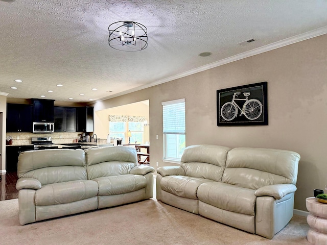 150 Shawnee Dr, Pickerington, OH 43147 - living room featuring a textured ceiling, ornamental molding, recessed lighting, and light carpet