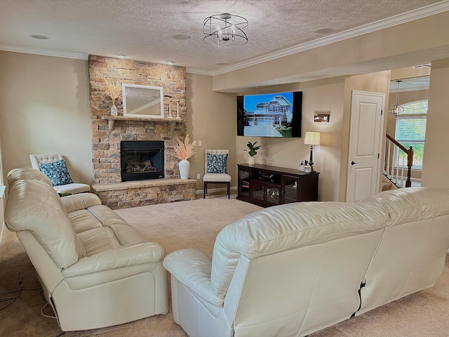 150 Shawnee Dr, Pickerington, OH 43147 - carpeted living area featuring crown molding, a textured ceiling, and a fireplace