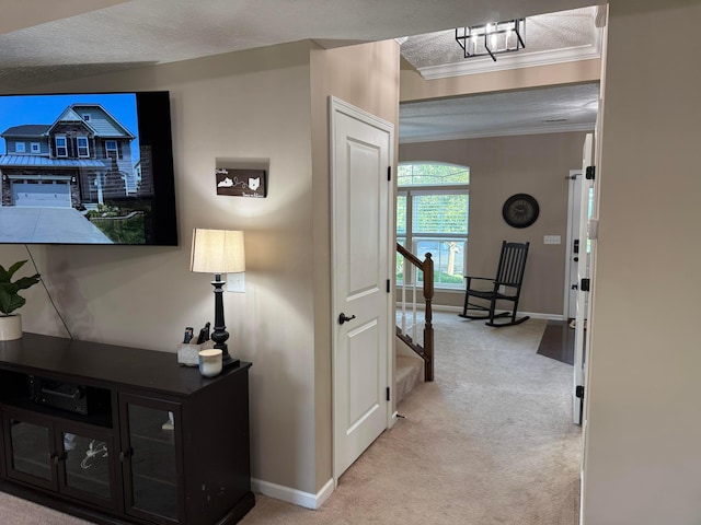 150 Shawnee Dr, Pickerington, OH 43147 - corridor with light colored carpet, baseboards, and crown molding