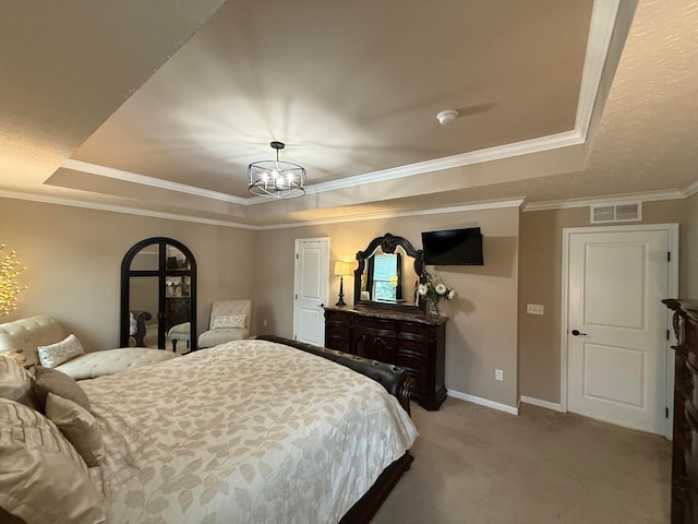 150 Shawnee Dr, Pickerington, OH 43147 - bedroom featuring a raised ceiling, a chandelier, carpet floors, baseboards, and ornamental molding