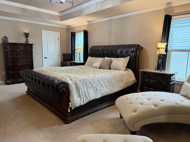 150 Shawnee Dr, Pickerington, OH 43147 - bedroom with multiple windows, light colored carpet, ornamental molding, a chandelier, and a raised ceiling