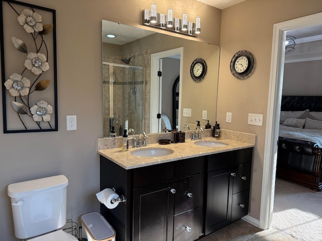 150 Shawnee Dr, Pickerington, OH 43147 - ensuite bathroom featuring toilet, a stall shower, double vanity, and tile patterned floors