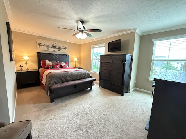 150 Shawnee Dr, Pickerington, OH 43147 - bedroom with ornamental molding, light colored carpet, baseboards, a textured ceiling, and a ceiling fan
