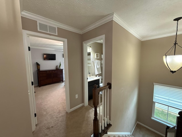 150 Shawnee Dr, Pickerington, OH 43147 - corridor with light colored carpet, crown molding, an upstairs landing, a textured ceiling, and baseboards