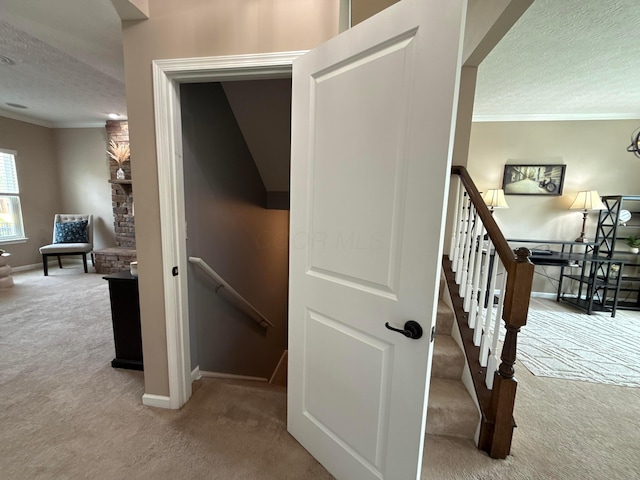 150 Shawnee Dr, Pickerington, OH 43147 - stairway with carpet flooring, a textured ceiling, ornamental molding, and baseboards