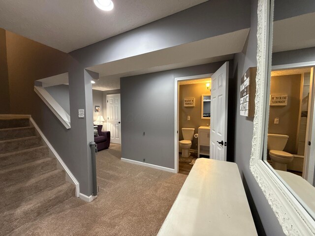 150 Shawnee Dr, Pickerington, OH 43147 - basement featuring carpet floors, stairway, baseboards, and recessed lighting