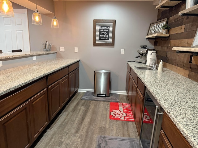 150 Shawnee Dr, Pickerington, OH 43147 - kitchen featuring open shelves, a sink, dark wood-type flooring, beverage cooler, and decorative backsplash