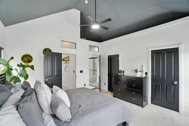 158 Punta Aly, Columbus, OH 43201 - bedroom with high vaulted ceiling, light colored carpet, and a ceiling fan