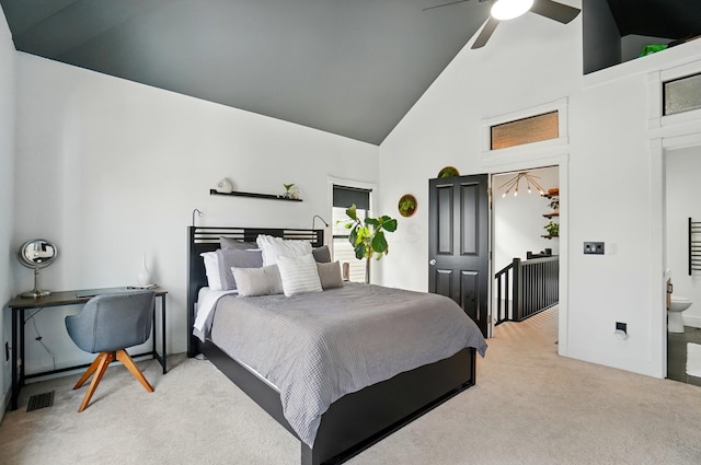 158 Punta Aly, Columbus, OH 43201 - bedroom featuring light carpet, high vaulted ceiling, and ceiling fan
