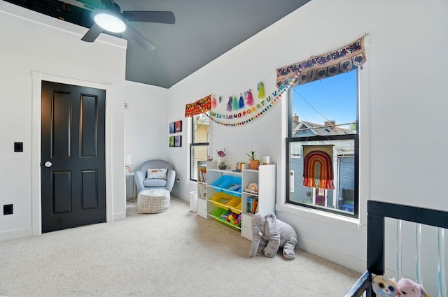 158 Punta Aly, Columbus, OH 43201 - bedroom with carpet floors, lofted ceiling, baseboards, and ceiling fan