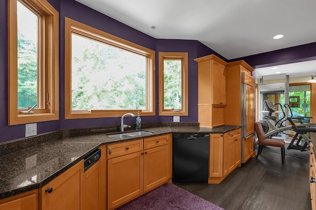 3850 Alward Rd SW, Pataskala, OH 43062 - kitchen featuring dishwasher, a sink, dark wood-style flooring, dark stone countertops, and recessed lighting