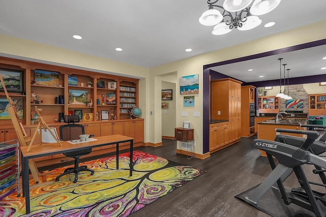 3850 Alward Rd SW, Pataskala, OH 43062 - office with a chandelier, dark wood-style floors, recessed lighting, and a sink