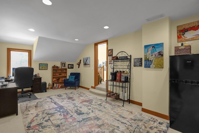 3850 Alward Rd SW, Pataskala, OH 43062 - carpeted office with recessed lighting, lofted ceiling, and baseboards