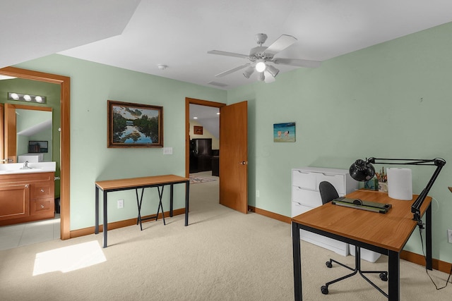 3850 Alward Rd SW, Pataskala, OH 43062 - office area with baseboards, light colored carpet, ceiling fan, and a sink