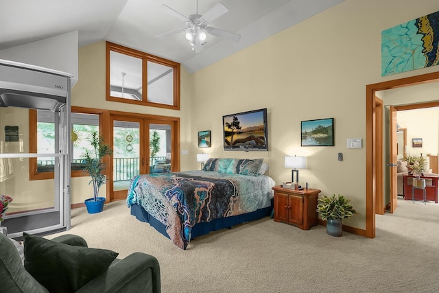 3850 Alward Rd SW, Pataskala, OH 43062 - carpeted bedroom with french doors, high vaulted ceiling, access to outside, baseboards, and ceiling fan