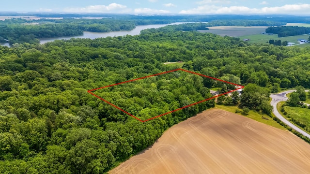 135 State Route 229, Waldo, OH 43356 - aerial view of property and surrounding area with a heavily wooded area, a nearby body of water, and property boundaries highlighted