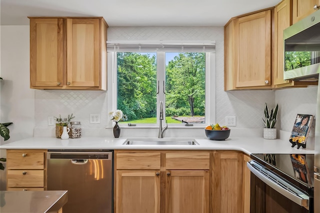 135 State Route 229, Waldo, OH 43356 - kitchen featuring appliances with stainless steel finishes, a sink, tasteful backsplash, and light countertops