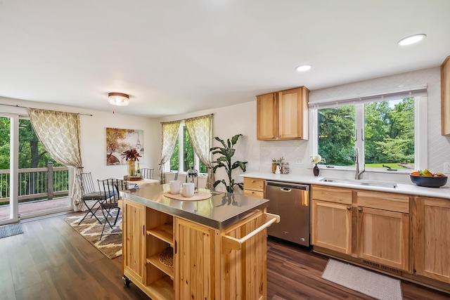 135 State Route 229, Waldo, OH 43356 - kitchen featuring stainless steel dishwasher, a sink, dark wood finished floors, light countertops, and recessed lighting